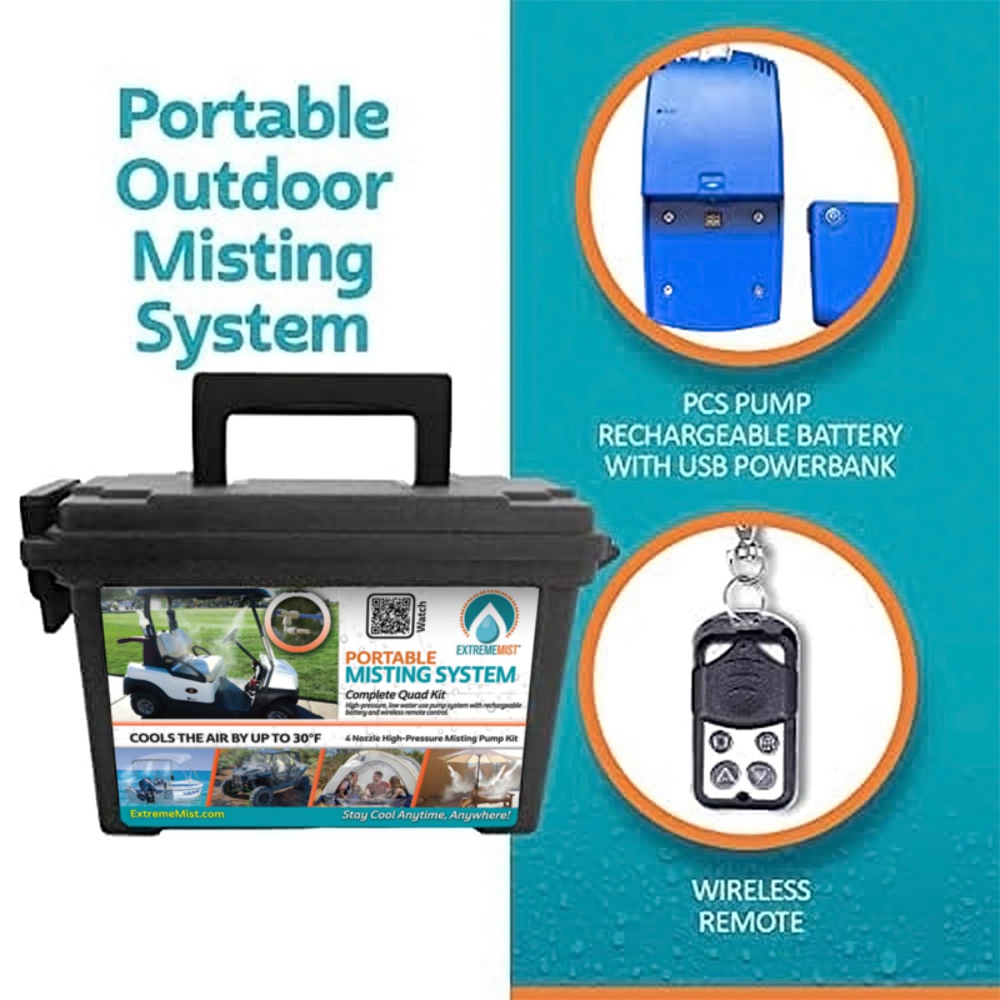 Professional Grade Portable Misting System - 4 Mist Nozzles | Pump | Easy to Setup | 16 ft. Mist Line for Outdoor Patios, Golf Carts, Greenhouses, Canopy and Decks - Cools The air up to 30°F (17°C)!