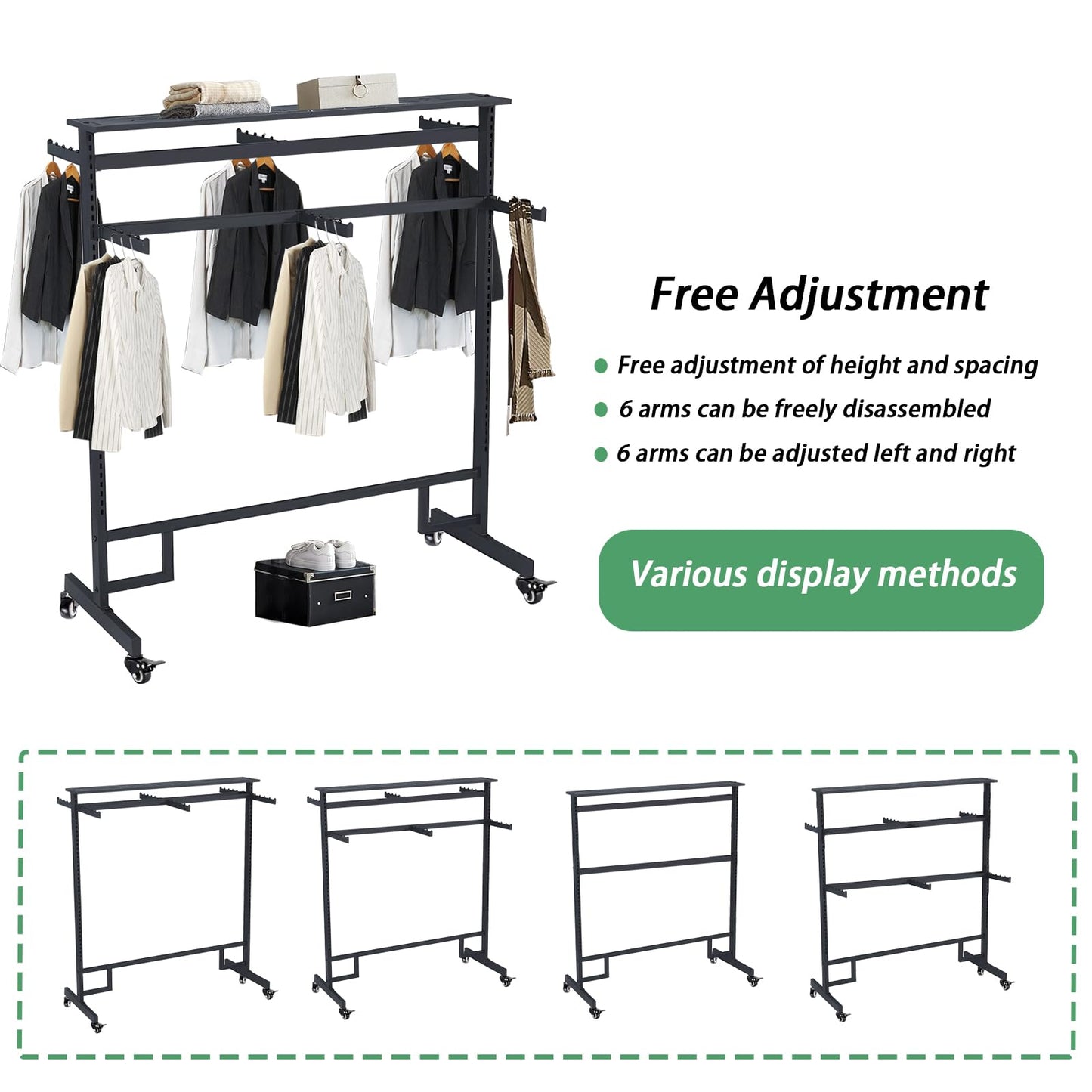 Clothing Rack with adjustable 8 Arms, Garment Rack Display Stand with Wheels and Shelf, Metal Clothes Hanger with Double Rod, Large Boutique Retail Stores Storage (Black, 59 * 19.6 * 61.02in)