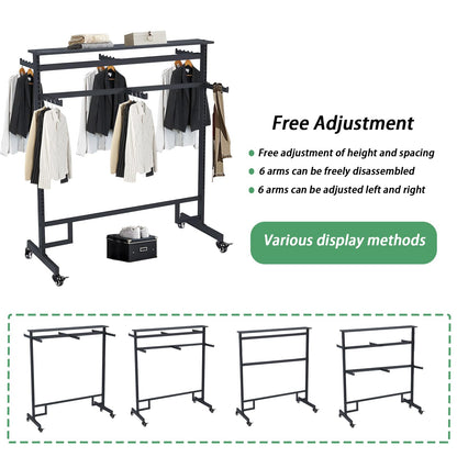 Clothing Rack with adjustable 8 Arms, Garment Rack Display Stand with Wheels and Shelf, Metal Clothes Hanger with Double Rod, Large Boutique Retail Stores Storage (Black, 59 * 19.6 * 61.02in)