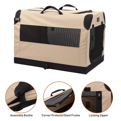 X-ZONE PET 3-Door Portable Soft-Sided Folding Soft Dog Travel Crate Collapsible Pet Kennel,X-Large, 36 x 25 x 25 Inches,Tan