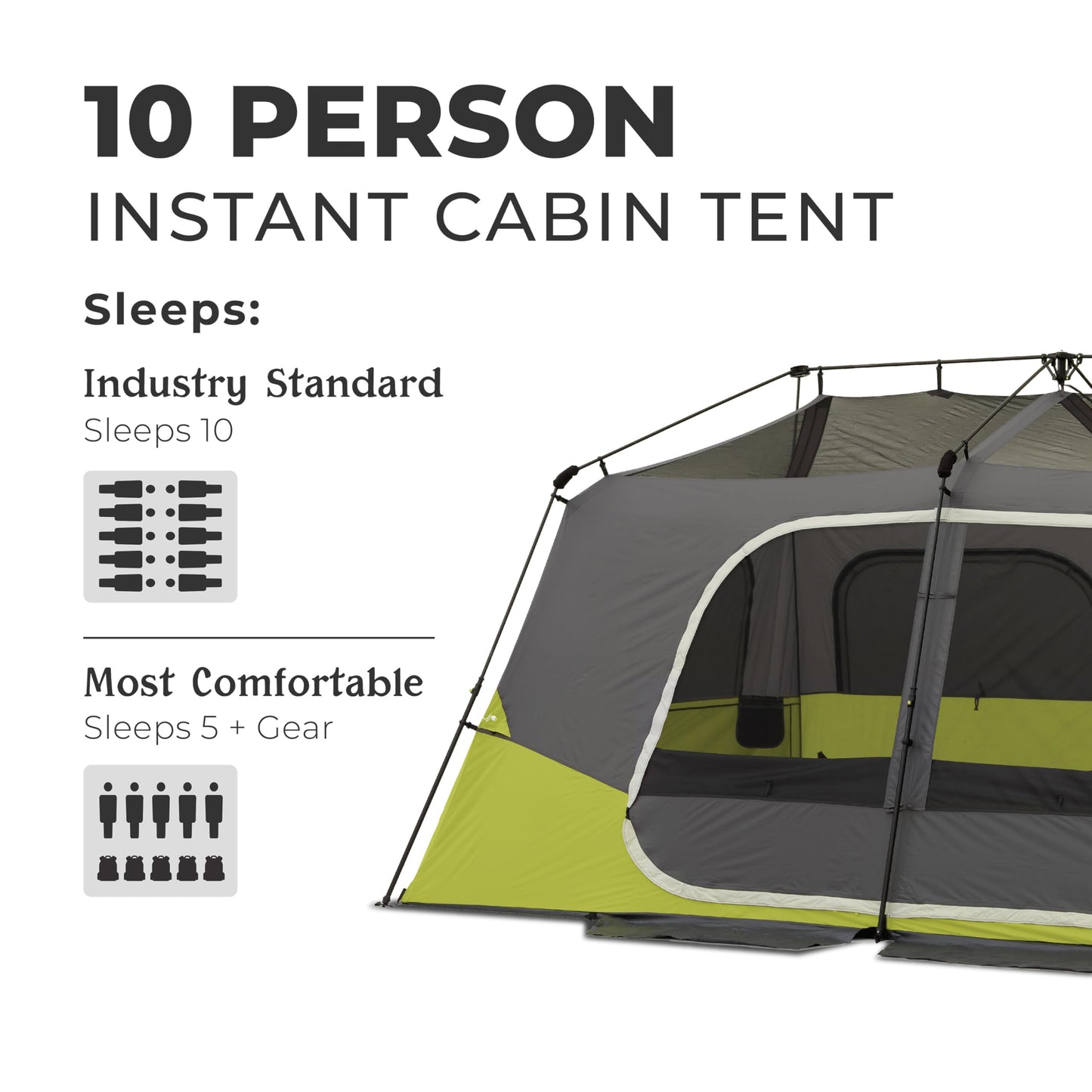 CORE 10 Person Instant Cabin Tent | Large Multi Room Family Pop Up Tent for 2 Minute Camp Setup | Included Storage Pockets for Camping Accessories