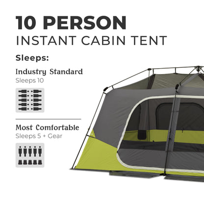 CORE 10 Person Instant Cabin Tent | Large Multi Room Family Pop Up Tent for 2 Minute Camp Setup | Included Storage Pockets for Camping Accessories