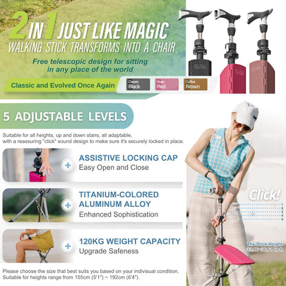 Ta-Da Chair Series 1 Pro, Portable Trekking Hiking Pole, Folding Walking Stick with Seat, Walking Cane with Chair, Foldable Chair, Lightweight Aluminum, Easy Carry and Storage, Anti-Slip, Black