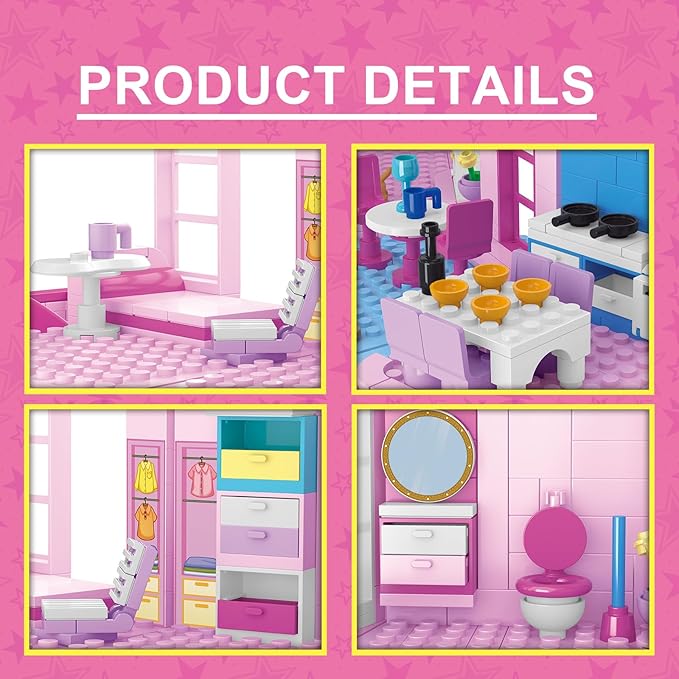 ENJBRICK Pink Music Villa with Spiral Slide 656Pcs Pop Star House Building Toy w/Piano &amp Microphone 3-Story Friends Cottage Compatible with Lego Birthday for Girls 8-12