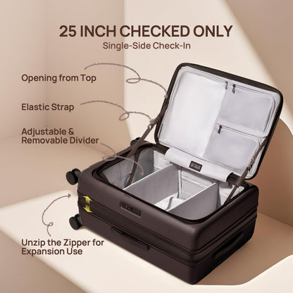 NINETYGO Medium Checked Luggage 25 Inch, Flat Top Opening Check In Luggage with Cup Holder, Expandable, Coffee-Infused PC Hard Shell, Eco-Friendly, TSA Lock, 360° Spinner Wheels (Americano)