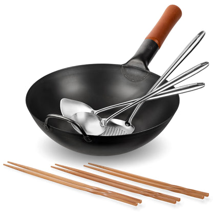 YOSUKATA Carbon Steel 11.8" Stir Fry Wok Pan - Pre-Seasoned Chinese Wok with Flat Bottom + 17" Wok Spatula and Ladle Skimmer Spoon + Reusable Natural Wooden Long Cooking Chopsticks Set of 3 pairs