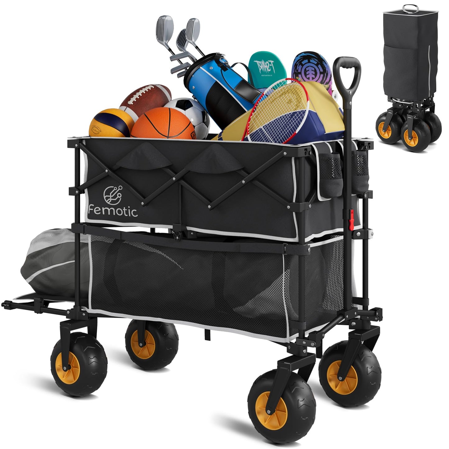 Beach Wagon with Big Wheels for Sand,Heavy Duty Double Decker Wagon with Extender,400L Extra Large Foldable Wagon Cart with 9" All Terrain Inflatable Tires,for Beach Camping Garden and Sports, Black