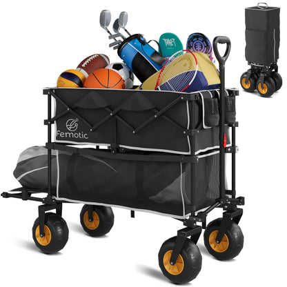 Beach Wagon with Big Wheels for Sand,Heavy Duty Double Decker Wagon with Extender,400L Extra Large Foldable Wagon Cart with 9" All Terrain Inflatable Tires,for Beach Camping Garden and Sports, Black