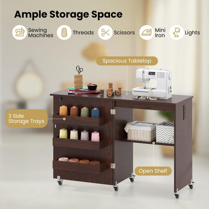 Nightcore Folding Sewing Table, Multipurpose Craft Table with Charging Station, Lockable Casters, Rack and Storage Shelves, Space-Saving Cart, Sewing Desk Cabinet for Living Room Home Studio