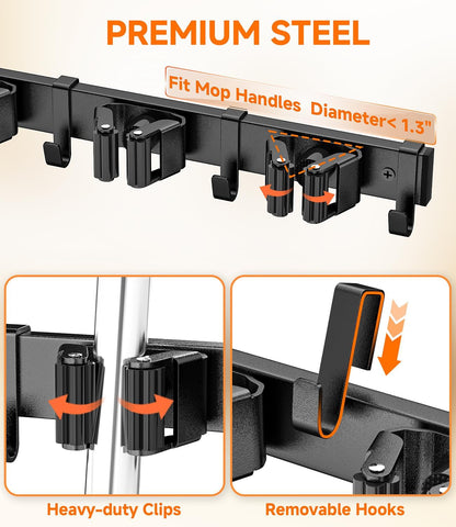 Skiennix Broom Holder Wall Mount - Space-Saving Organizer with 8 Slots & 10 Hooks | Ideal for Laundry Room & Garage