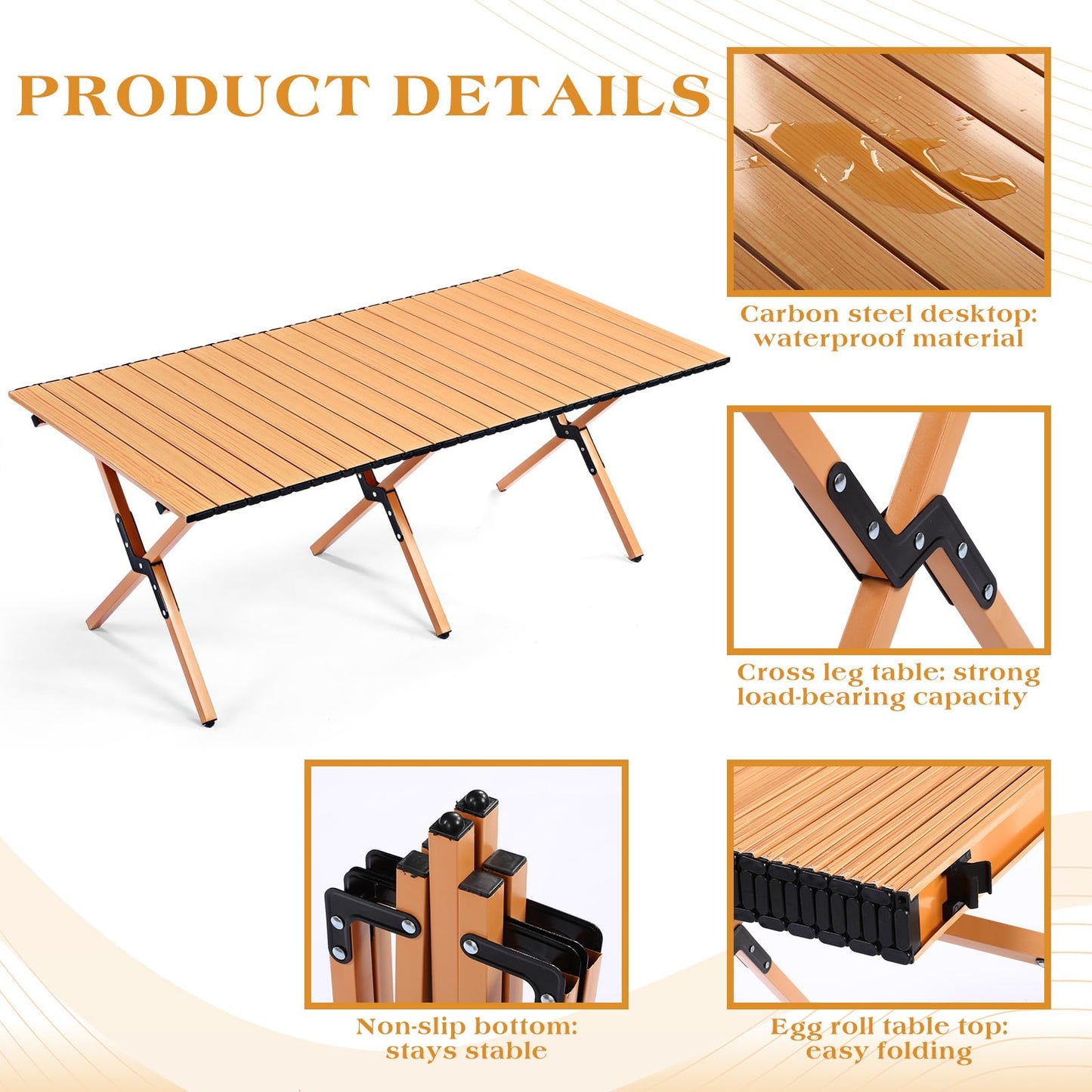 Suzile 4FT Folding Camping Table, Roll Up Portable Camp Table with Carry Bag, Low Collapsible Lightweight Aluminum Outdoor for Camping, Picnic, Beach, Patio, Kitchen (Yellow Wood Color)