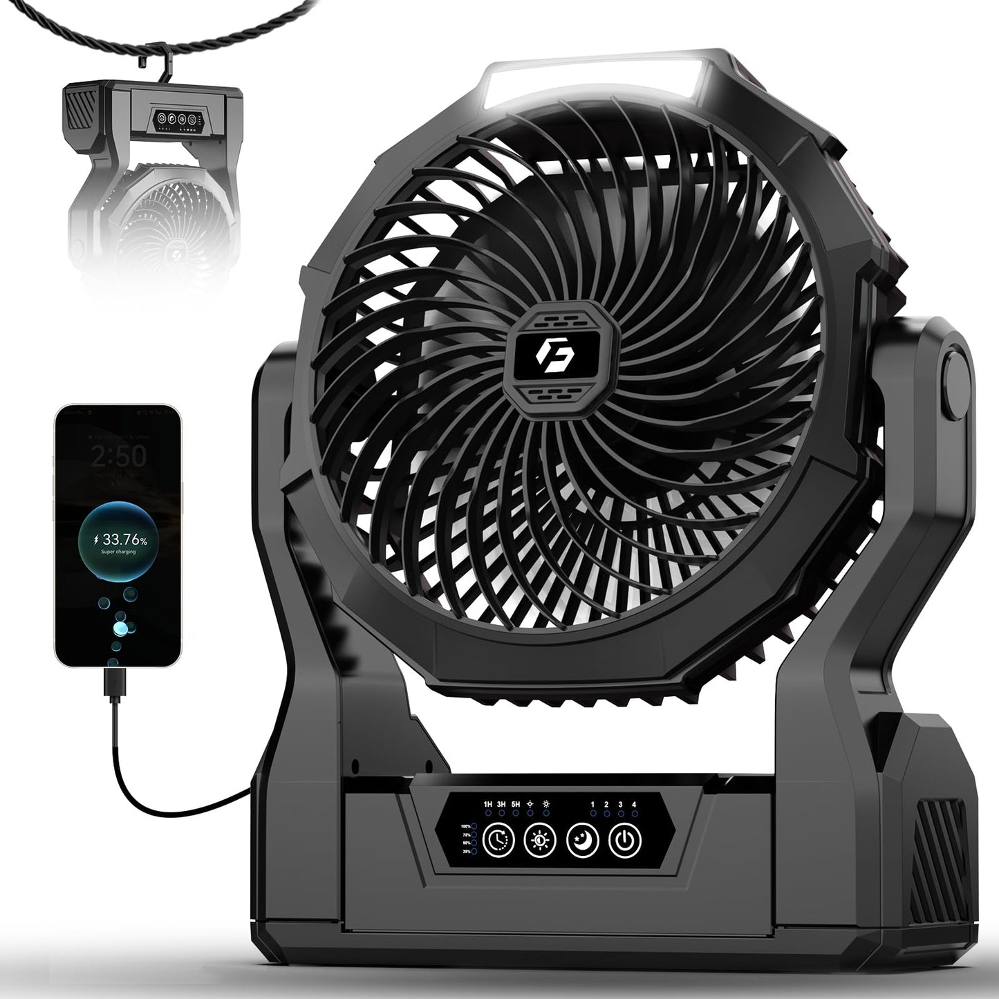 XZK 24000mAh Rechargeable Camping Fan, 64H Runtime Battery Powered Portable Travel Fan with LED Light, Tent Fans for Indoor,Outdoor,Fishing,Jobsite & Hurricane Emergency,Gifts for Men Dad Him,Black