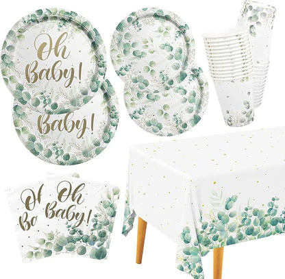 Sage Greenery Baby Shower Party Supplies Disposable Paper Plates Napkins Cups and Tablecloth for Boho Greency Party Decorations Serve 25.