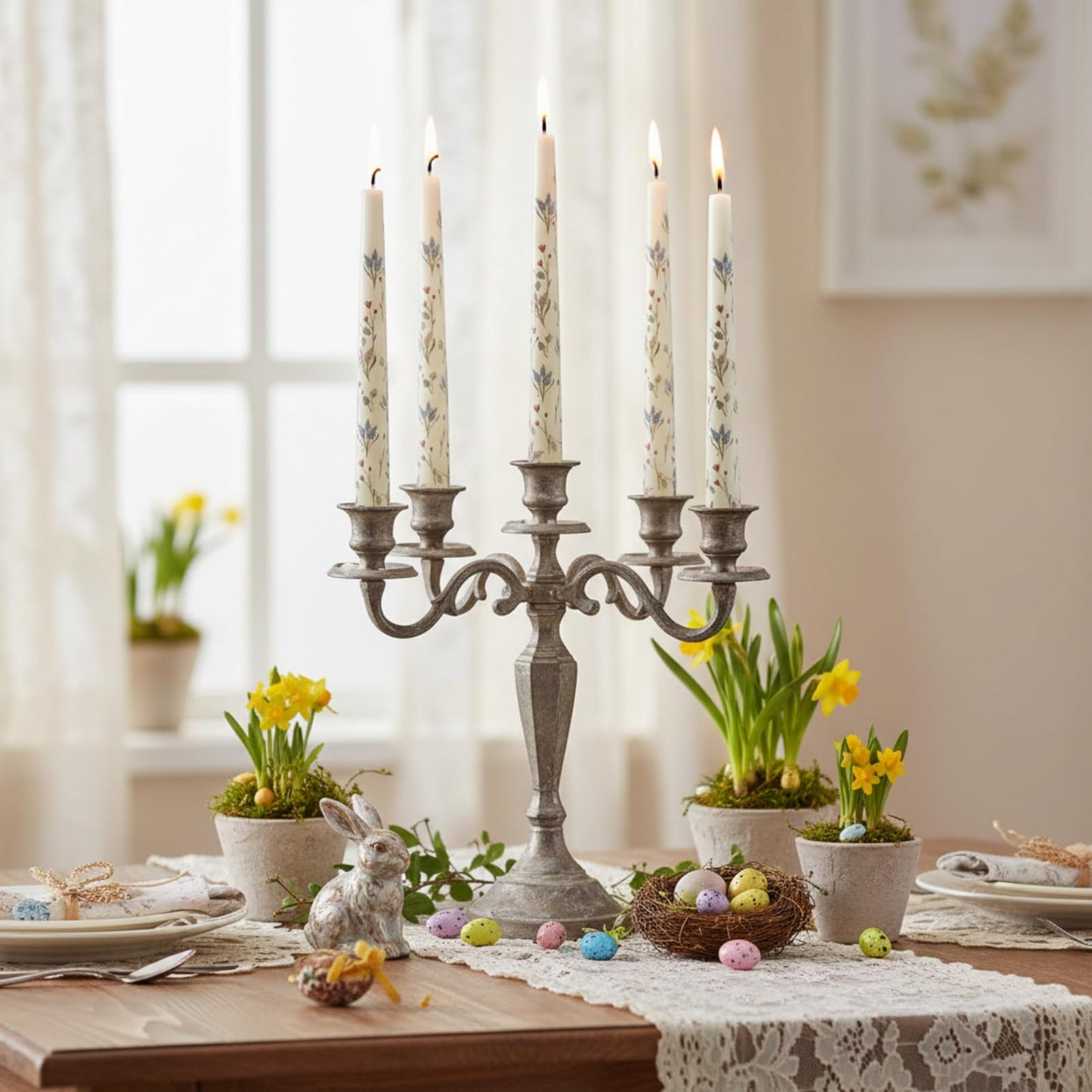 Floral Taper Candles Dripless Candlesticks, 4 Pack Unscented Flower Taper Candle, 10 Inch Elegant Pastel Candle Sticks for Easter, Saint Patrick’s Wedding Table Centerpieces Mother’s Day Home Decor
