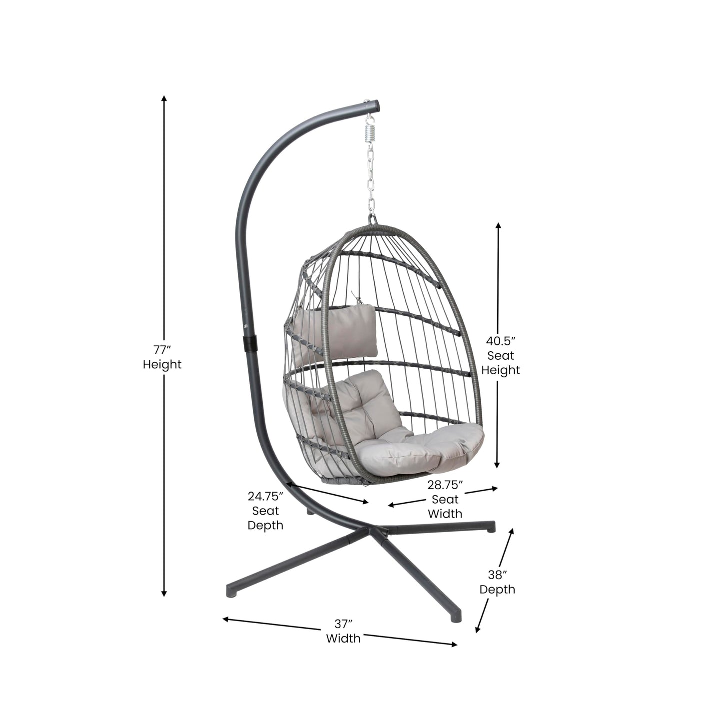 Flash Furniture Cleo Indoor/Outdoor Patio Hanging Egg Chair - Gray Frame with Gray Seat Cushions - Black Powder Coated C-Style Stand - Hanging Hardware Included