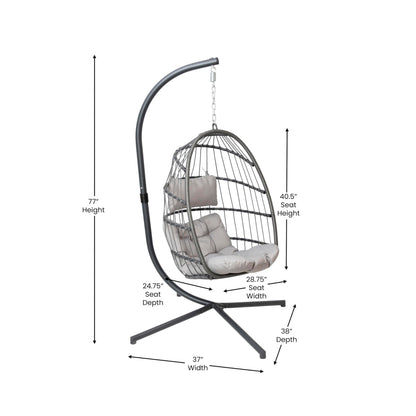 Flash Furniture Cleo Indoor/Outdoor Patio Hanging Egg Chair - Gray Frame with Gray Seat Cushions - Black Powder Coated C-Style Stand - Hanging Hardware Included