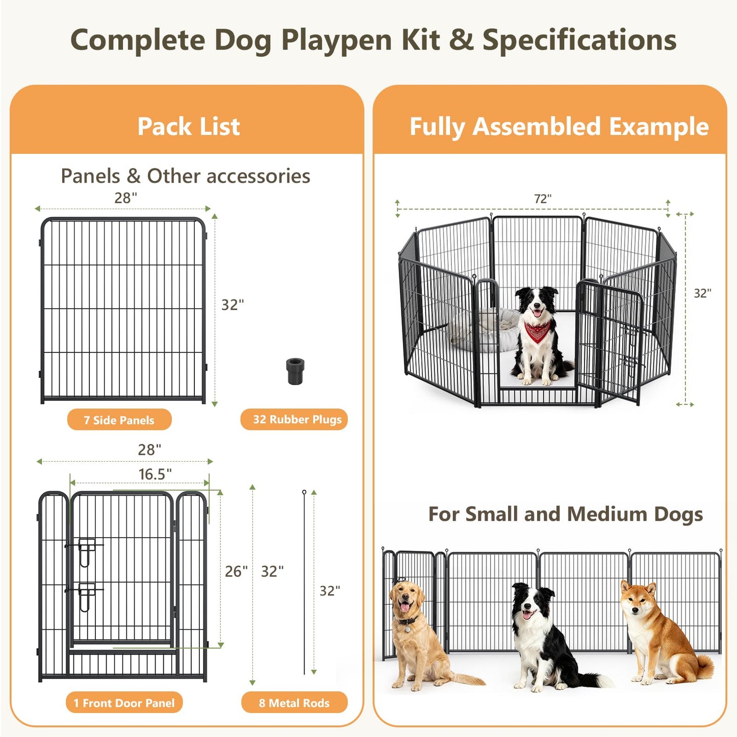 MAKE CHANGES Metal Dog Playpen - 32" Height 8 Panels Foldable Exercise Pen for Dogs Indoor/Outdoor Pen with Door for Pet Animals Portable Pet Playpen Polygon Dog Enclosure (Black)