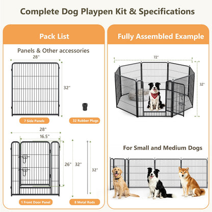 MAKE CHANGES Metal Dog Playpen - 32" Height 8 Panels Foldable Exercise Pen for Dogs Indoor/Outdoor Pen with Door for Pet Animals Portable Pet Playpen Polygon Dog Enclosure (Black)