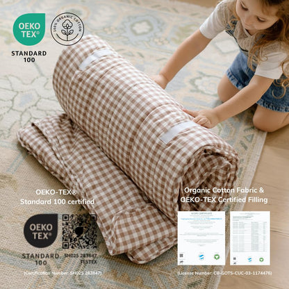 Bloomere Organic Toddler Nap Mat – 100% Cotton Fabric Kids Washable Sleeping Mat & Detachable Pillow – Sleeping Bag with Soft 1.5” Pad – Nap Mat for Daycare, Preschool, & Sleepovers (Brown Gingham)