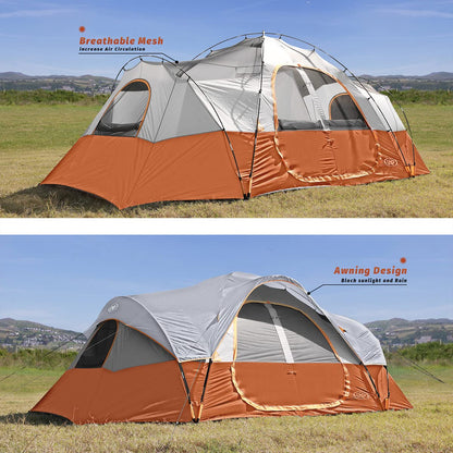 UNP Camping Tent 10-Person Family Tents, Big, Easy up, 5 Large Mesh Windows, Double Layer, 2 Room, Waterproof, Weather Resistant, 18ft x 9ft x78in (Orange)
