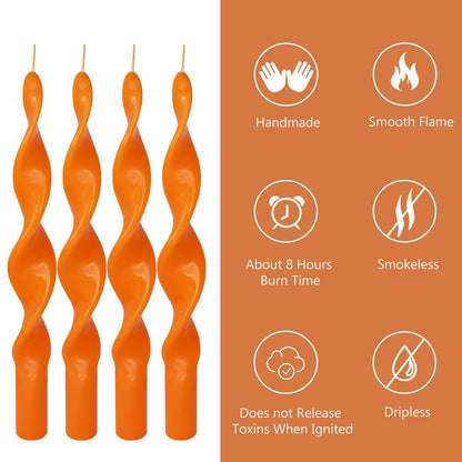 Orange Taper Candles Set of 4, 10 Inch Unscented Spiral Candle Sculptural Design, Twisted Candles Handmade Candle Sticks for Wedding Dinner Home Decor Gift