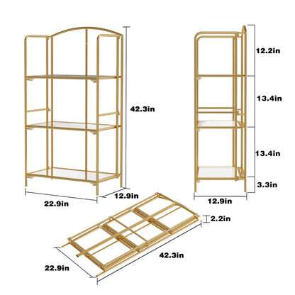 Crofy No Assembly Folding Bookshelf for Living Room, 3 Tier Gold Collapsible Book Shelf for Home Office, Portable Bookcase Storage Organizer