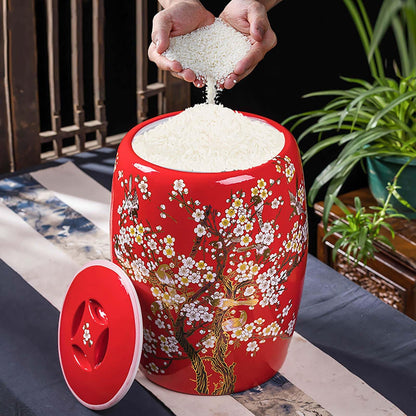 Large Ceramic Jar For Rice Ceramic Rice Bucket Ceramic Rice And Grain Storage Container With Lid Rice Containe Rice Storage Bins Rice Storage Box for Flour/Coffee/Nuts/Tea Moisture-Proof(Red,Capacity: