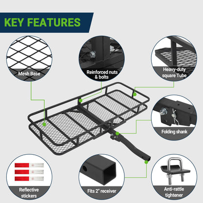 Hitch Rack Cargo Carrier for Car - Metal Luggage Storage Basket for Truck RV ATV Vehicle - Tow Hitch Mount Racks Rear Carriers with 2 in Receiver - 60x24X6 Utility Folding Trailer Travel Platform