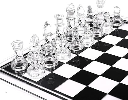Elegant Glass Chess Set 13.8 Inch - Large Modern Chess Board Game with Black &amp Clear Pieces Felted Bottoms - Crystal Strategy Game Gift for Adults Home Decor