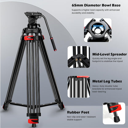 82" /210cm Video Tripod Heavy Duty Tripod with 360° Fluid Head,Mactrem Aluminum Tall Tripods Professional Compatible with Canon Nikon Sony DSLR Camera Camcorder Telescope Bnoculars (Load 33Lb)