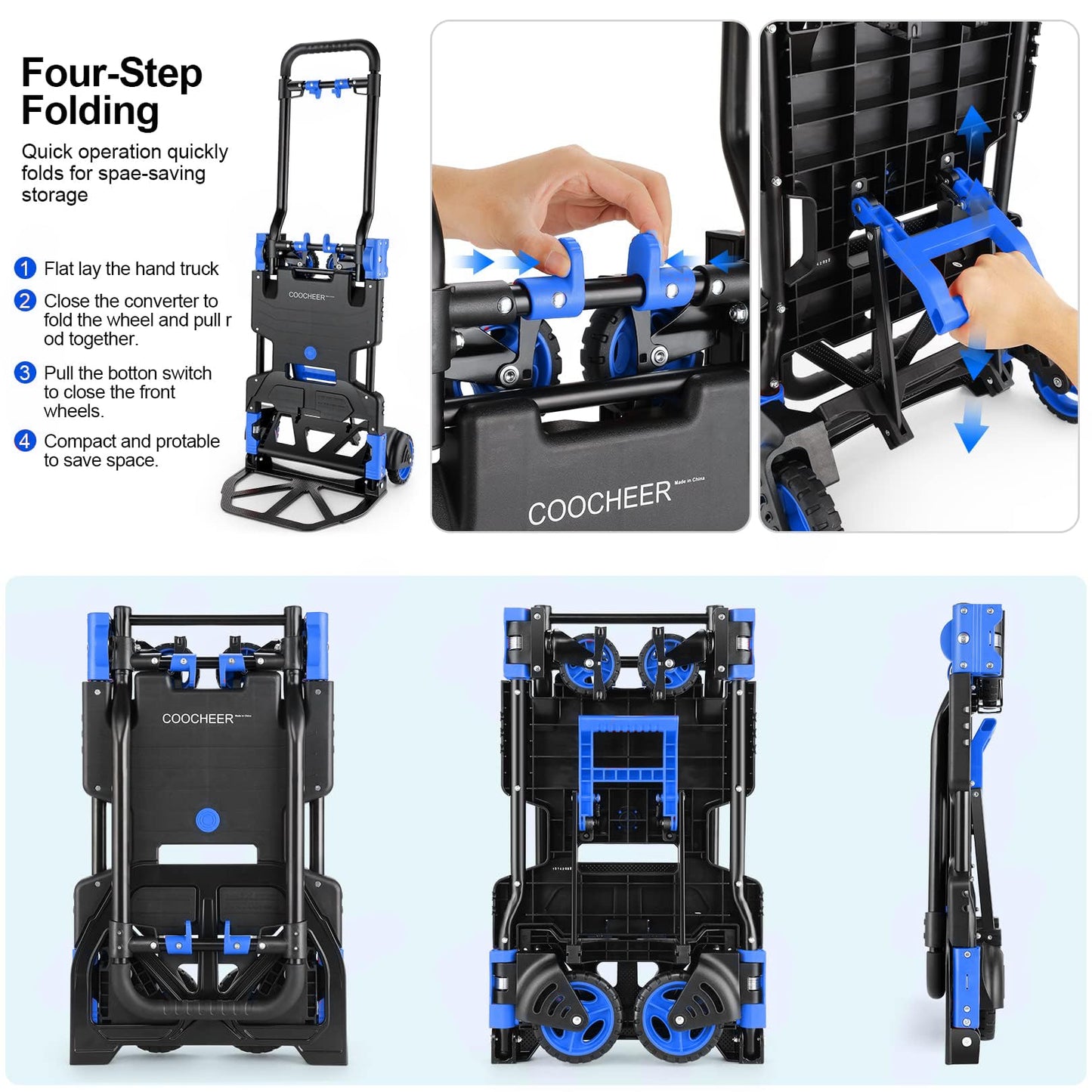 2-in-1 Folding Hand Truck Dolly 330LB Load Carrying, Hand Truck Foldable Dolly with Retractable Handle and 4 Rubber Wheels, Portable Folding Hand Cart for Moving/Travel/Office(Blue)