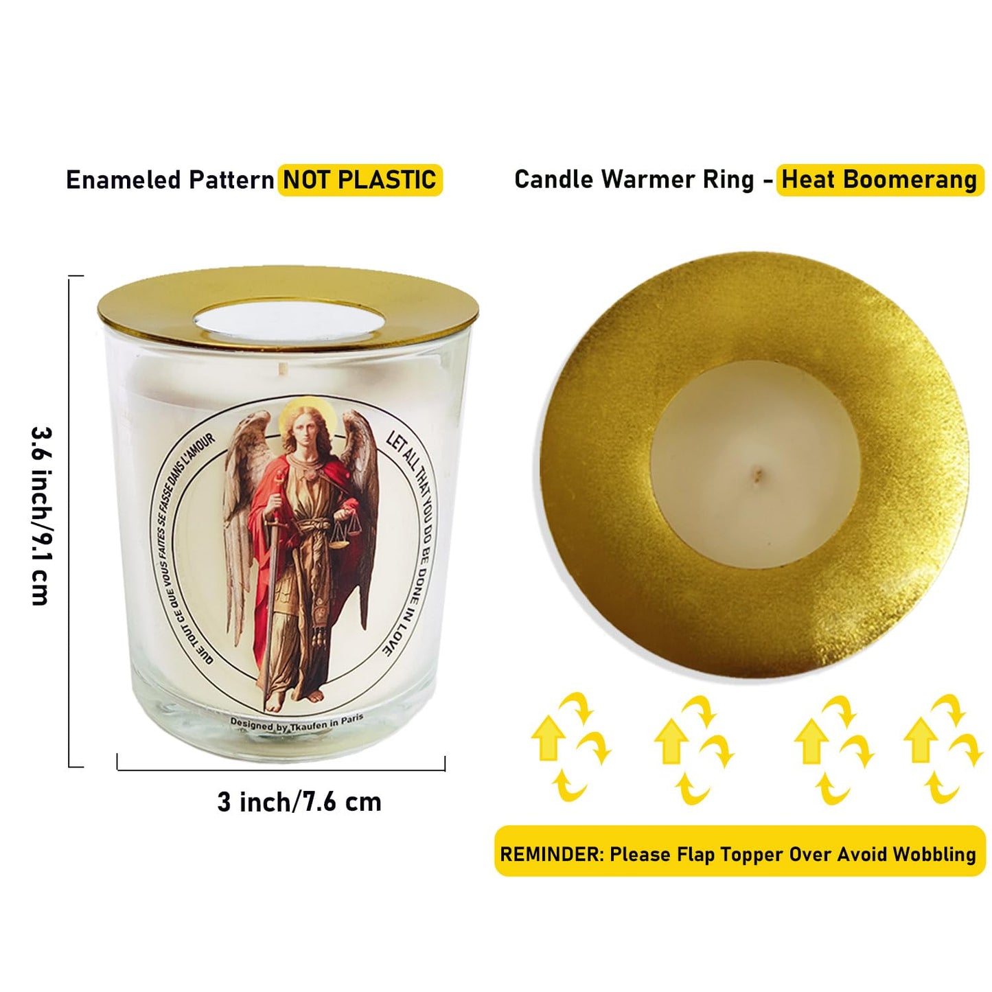 Tkaufen Saint Archangel Michael Candle 50 Hours with Warmer Ring│Hand-Poured Soy Wax│Protection from Terror, Evil Banishing, Spiritual Warrior, Energetic Cleansing, Defender│Design in Paris│3“×3.6”