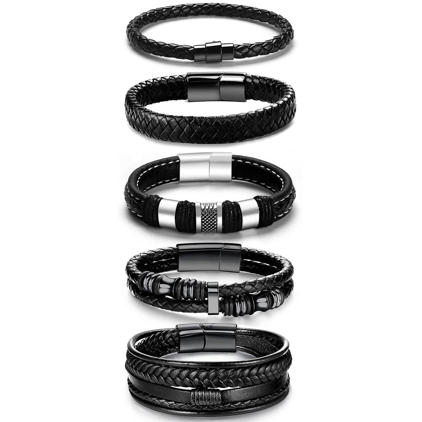 LOWNOUR Black Leather Bracelets for Men Women 5pcs Mens Bracelet Leather and Steel Braided Cuff Bracelets (7.5inch)