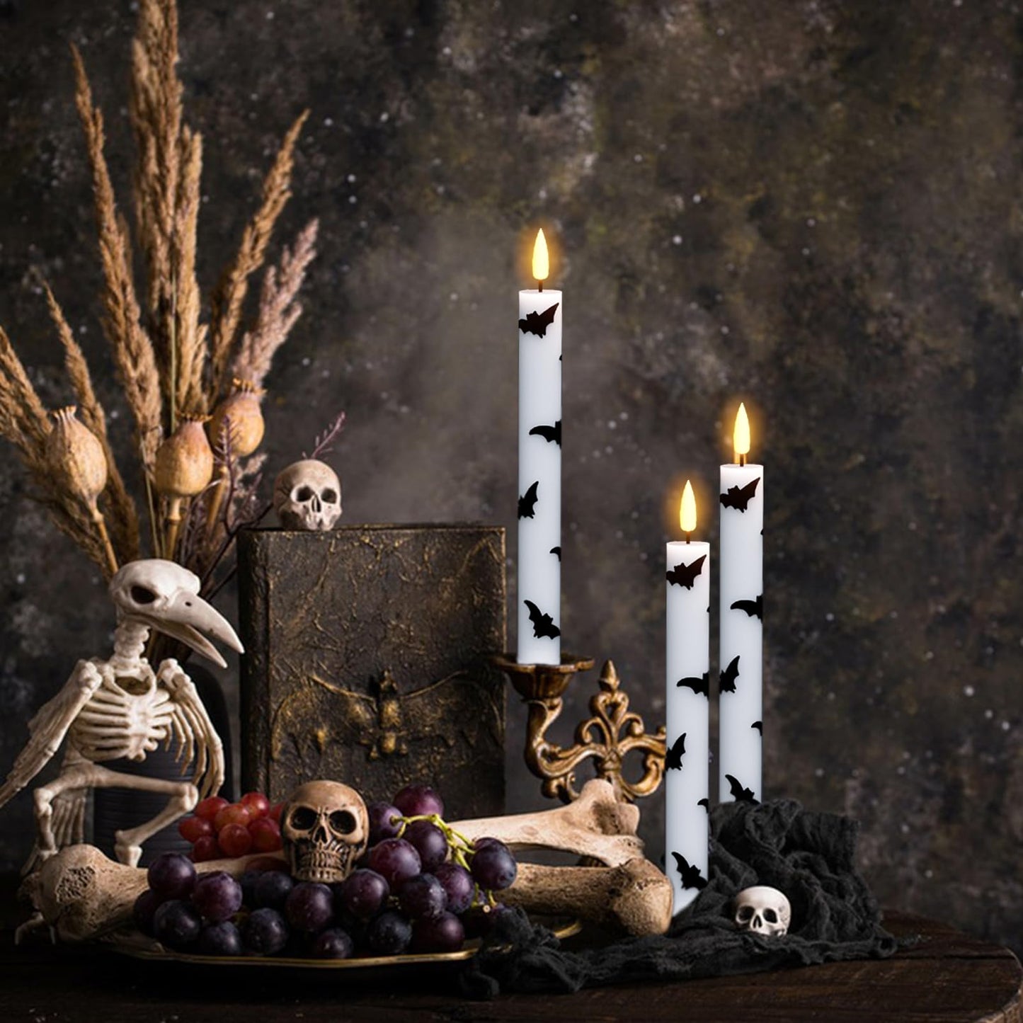 Wondise Halloween Flameless Taper Candles with Remote & Timer, 4 Pack Bats Battery Operated Real Wax 3D Flame LED Flickering Candles for Halloween Table Decorations