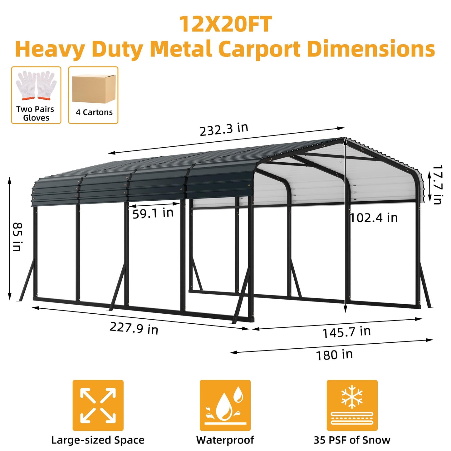 CABIHOME 10x20Ft Metal Carport Kits, Heavy Duty Carport with Galvanized Steel Roof, Reinforced Frame, Car Shelter for All-Weather Use, Outdoor Car Port Tent for Cars, Trucks, Boats, Tractors & RVs