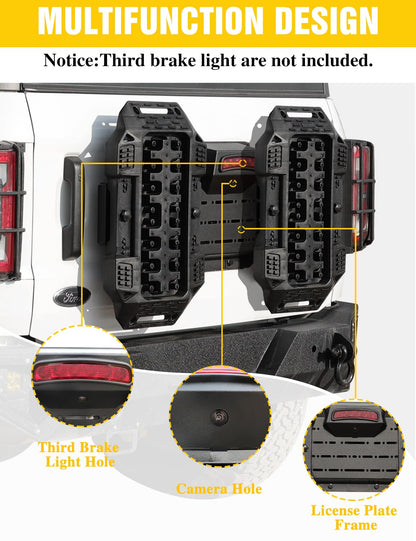 JROAD Bronco Rear Spare Tire Delete Frame w/Recovery Boards for Bronco 2021+ Accessories|Integrates Backup Camera Hole,Brake Light Bracket,Rear License Plate,Tailgate Vent Cover,DIY Shelf Board
