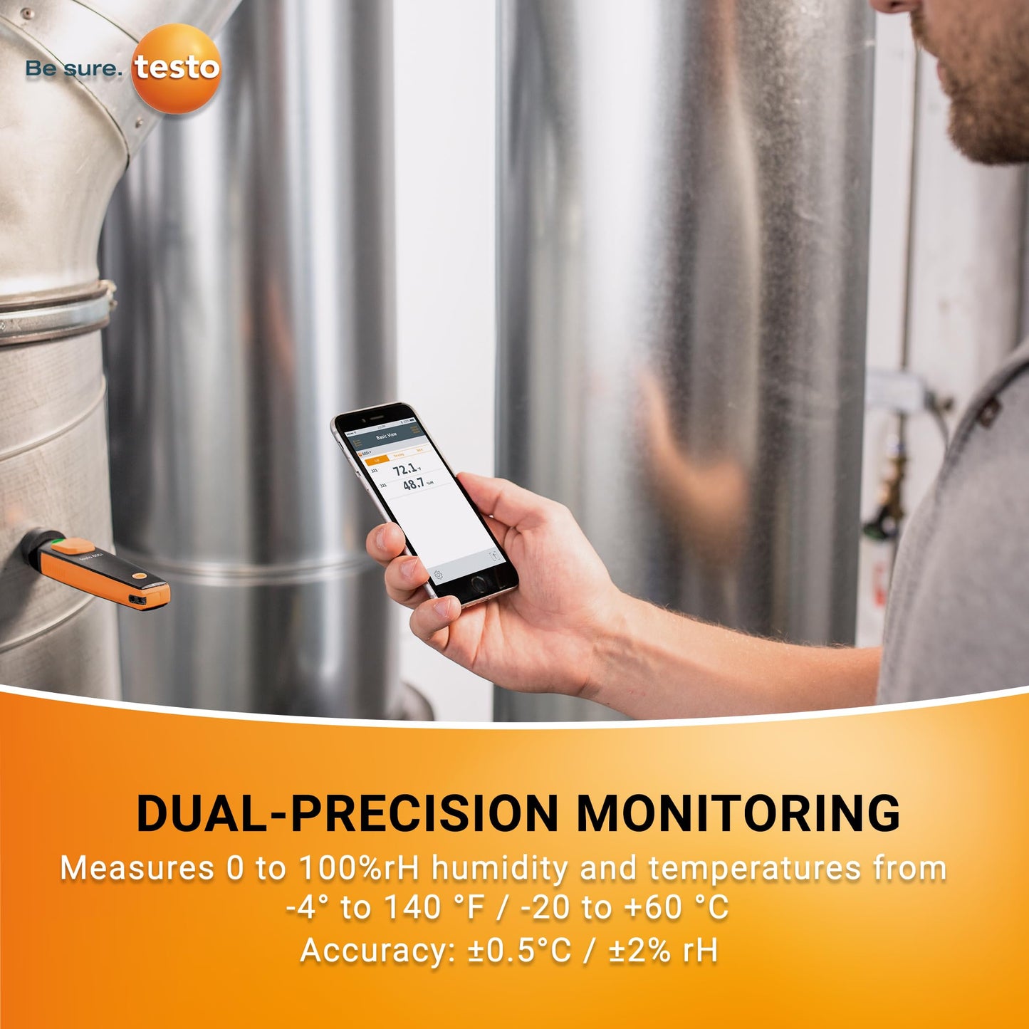 Testo 605i Thermohygrometer - Hygrometer & Indoor Thermometer for Humidity Measurement and Indoor Temperature - 90° Bendable In-Duct Temperature and Humidity Monitor with Bluetooth - iOS & Android