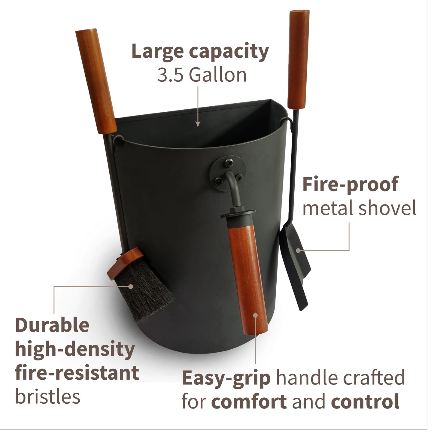 Ash Metal Bucket with Brush & Shovel Fireplace Tools Set, 3.5 Gallon Space Saving Design for Cleaning Charcoal Ash Disposal for Indoor/Outdoor Fire Pits, Wood Burning Stoves, Coal/Pellets Ash Can Pail