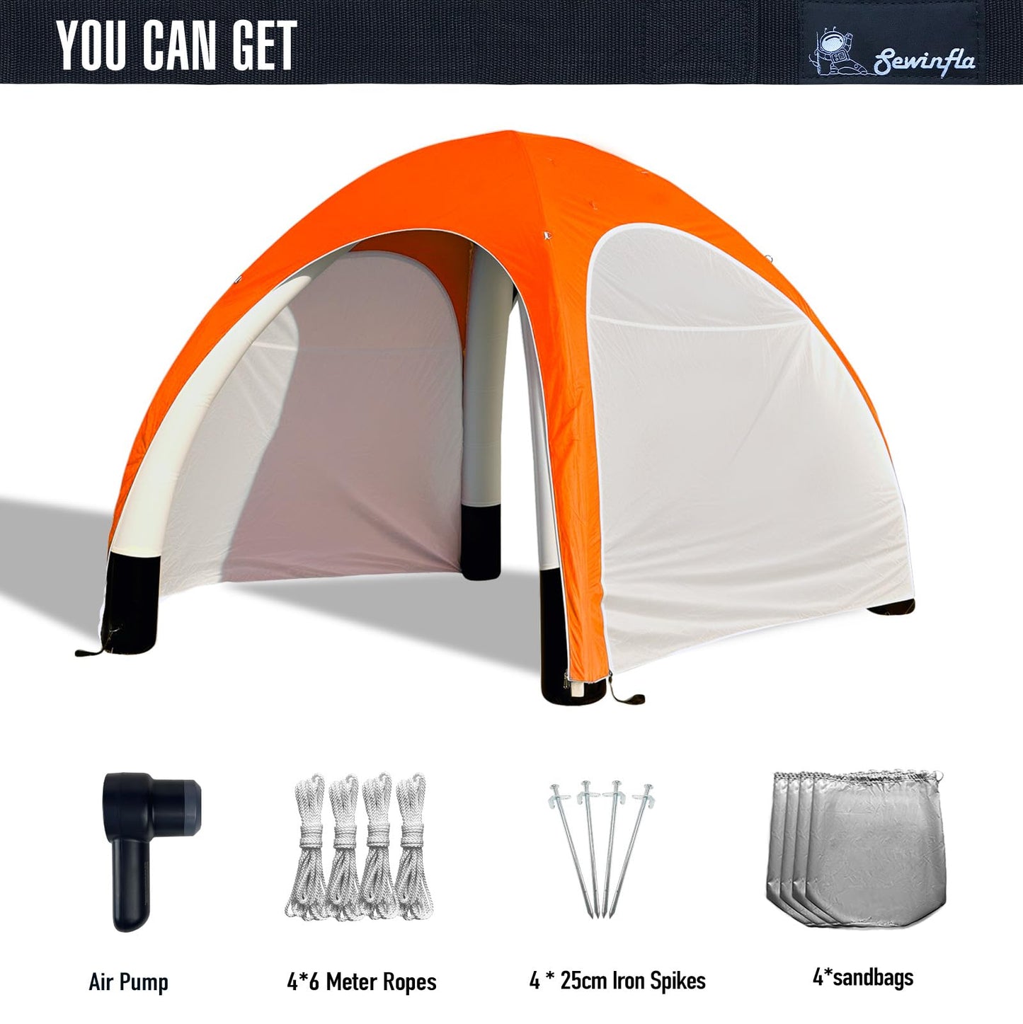 Inflatable Shade Air Canopy Tent – 10x10Ft Outdoor UV Protection Sun Shelter with 2 Removable Side Panels,Stakes & Sandbags,Air Pump,– for Outdoor,Marketing Events,Trade Shows（Orange）