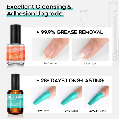 modelones 15 ml Nail Dehydrator and Primer, Acid Free Base Coat Natural Prep Dehydrate & Bond Primer Kit, Hema-Free Acrylic Nail Supplies