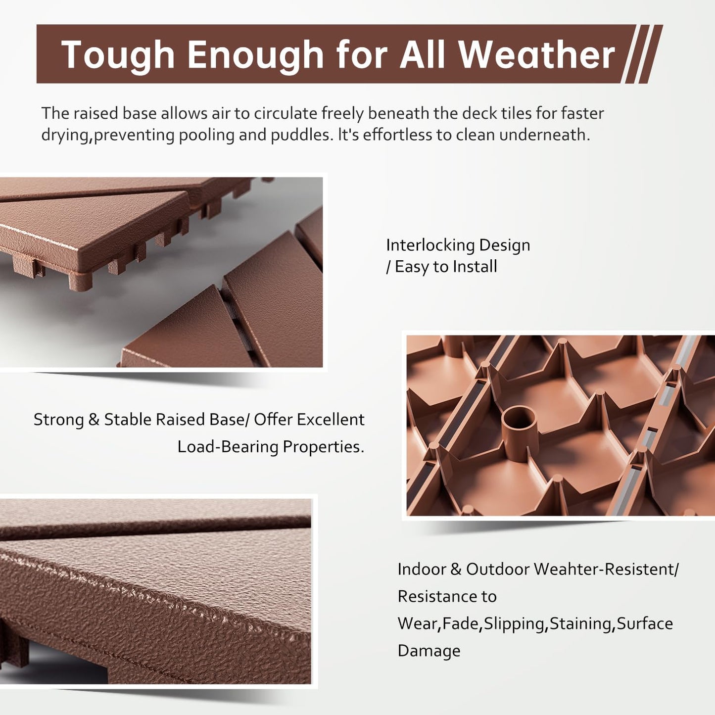 EchoDeck Interlocking Deck Tiles,44 Pack Deck Tiles Interlocking Outdoor All Weather,Patio Deck Tiles,12"x12",Diagonal,Sturdy Base,Highly Durable,Stylish,Non-Slip,Faster-Drying,Efficient,Brown