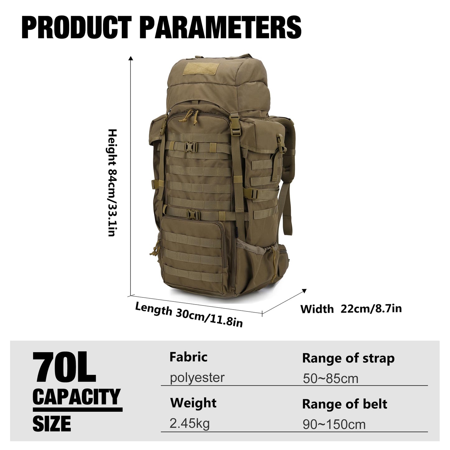 Mardingtop 70L Hiking Backpack+ Molle Tactical Utility Pouch