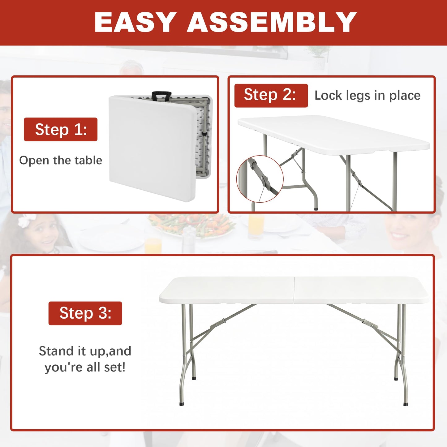 Elevon 6FT Folding Tables – Heavy Duty Portable Foldable Table with Built-in Handle, 300 lb Capacity – Ideal for Events, Parties, Crafts, Camping & Dining (4-Pack)