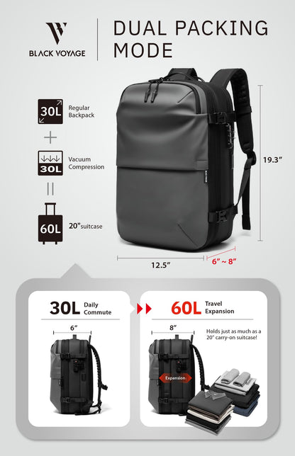 BlackVoyage Vortex Vacuum Seal Travel Backpack 60L Expandable Air Compression System Water Resistant TSA Lock Carry-On Suitcase Luggage Gray AERO - Vacuum Pump Included