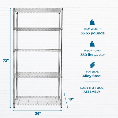Honey-Can-Do 5-Tier Heavy Duty Adjustable Shelving Unit with Wheels, 350-lb Per Shelf NSF Certified Rolling Metal Storage Rack, Chrome Wire Shelf, 36 x 18 x 72 in