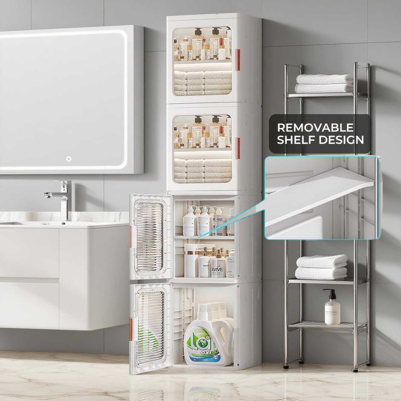 KINDLYF 4-Tier Narrow Storage Cabinet Foldable Plastic Bathroom Organizers with Magnetic Doors & Adjustable Shelves, Slim Storage for Small Spaces Pantry Kitchen Laundry Room Quick Assembly, White