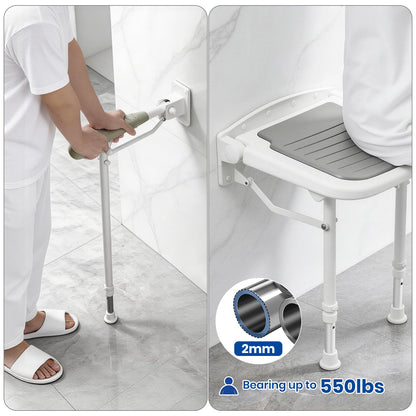 Caredear Folding Shower Seat with Adjustable PU Grab Bar, 550lbs Heavy Duty Fold Down Bath Bench with Legs, Non-Slip Comfort Grip and Removable Cushion, Wall Mounted Chairs for Seniors