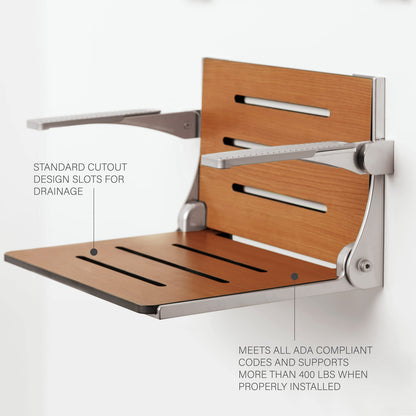 Seachrome Silhouette Comfort Folding Wall Mount Shower Bench Seat with Arms, Teak Seat with Silver Frame