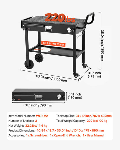 VEVOR Outdoor Grill Cart, 31.0 x 17.0 inch Tabletop Size Grilling Table, Foldable Outdoor Cooking Table with Tissue Holder, Wheels, Magnetic Tool Rack, BBQ Prep Tables for Picnic, Kitchen, Courtyard