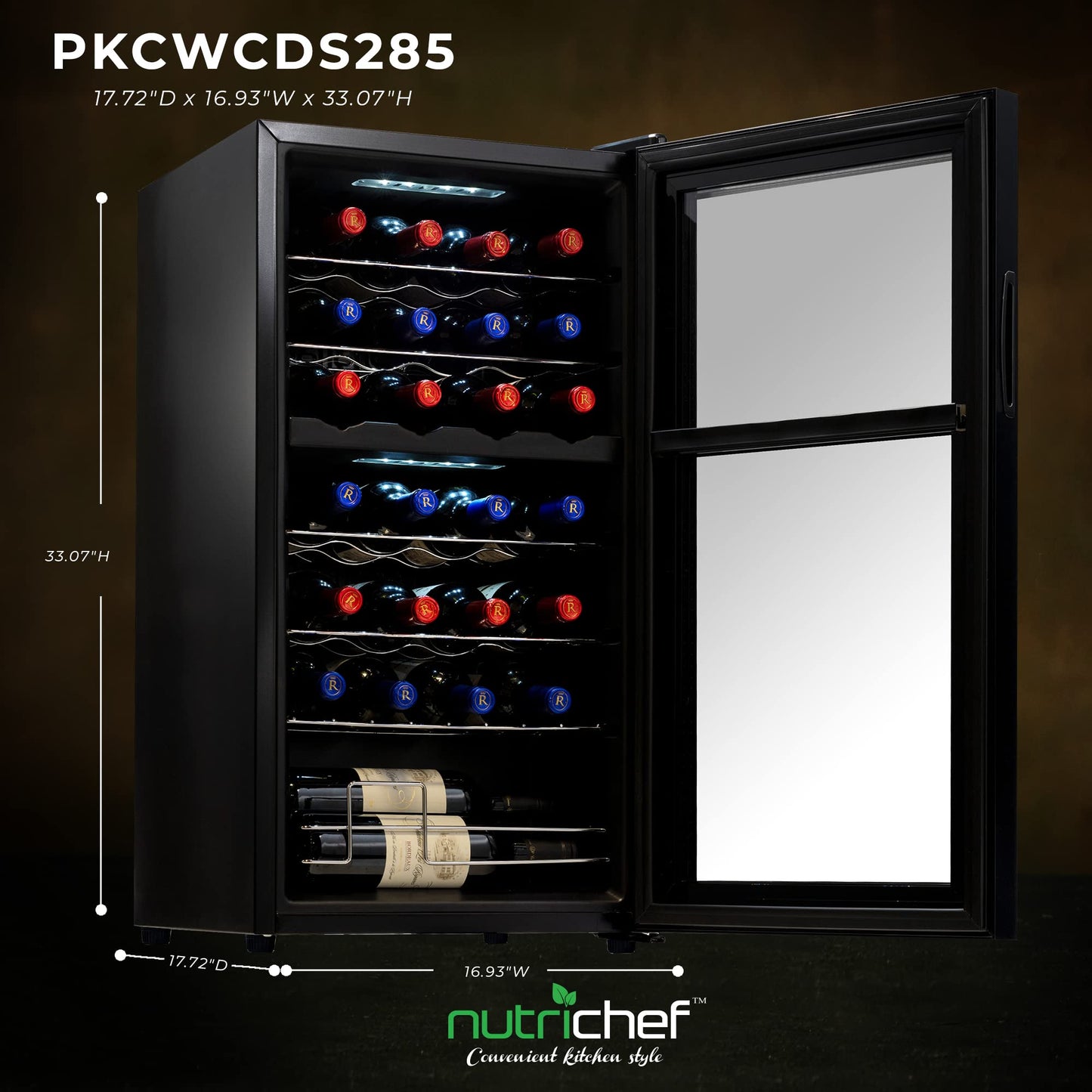 Nutrichef 28 Bottle Wine Fridge | Dual Zone Adjustable Temperature Control 41°F to 64°F | Ultra Quiet Operation | Cooler For Home, & Office | Free-Standing 33x16x17 IN (Black)